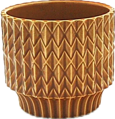 Trippy Planter in Cider, a light sepia gloss stoneware pot with zig-zag detailing