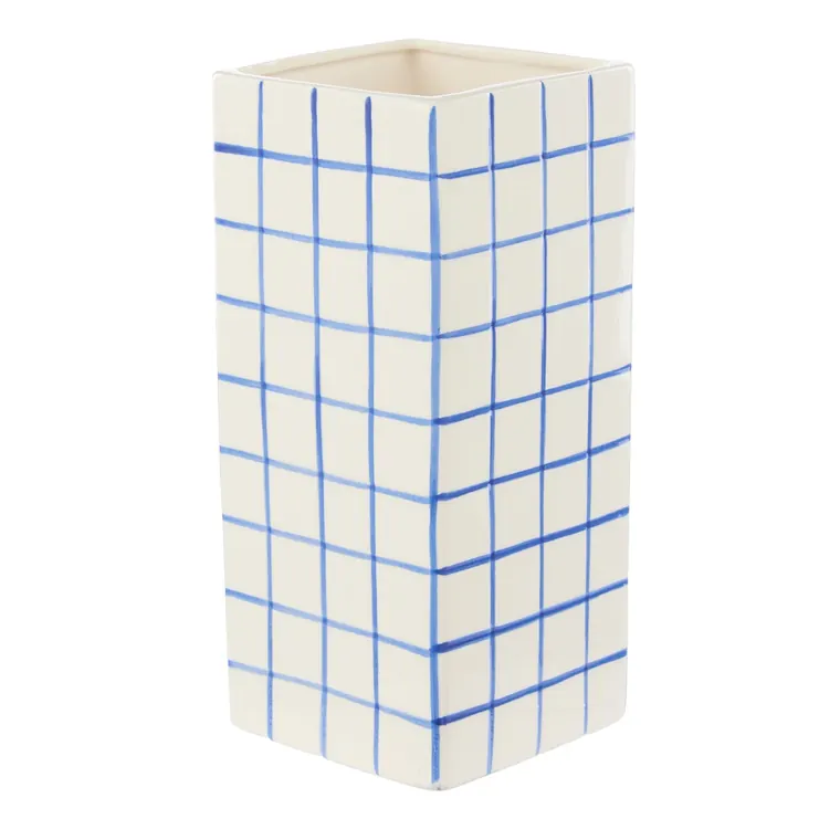 Lulu Vase, tall and square with a blue grid finish