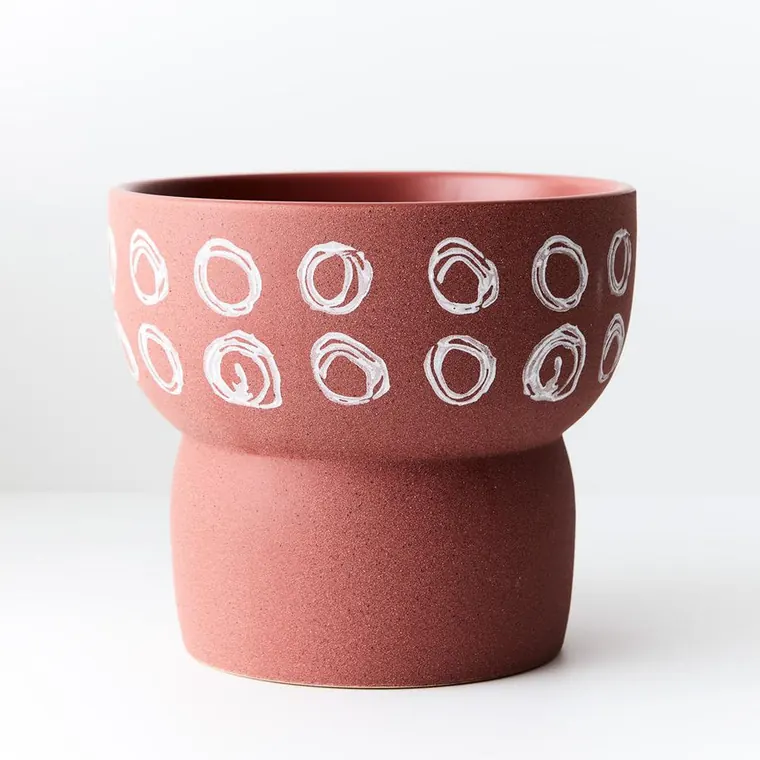 Salt Pot in Moroccan Clay with hand-painted white circles